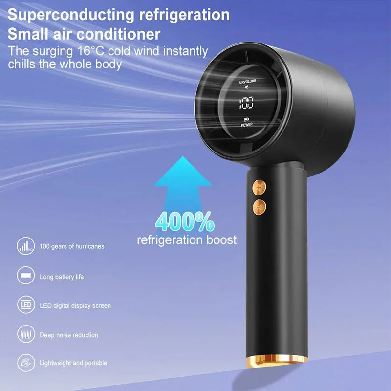 BreezGO fan being held in hand — ultra-compact and lightweight design